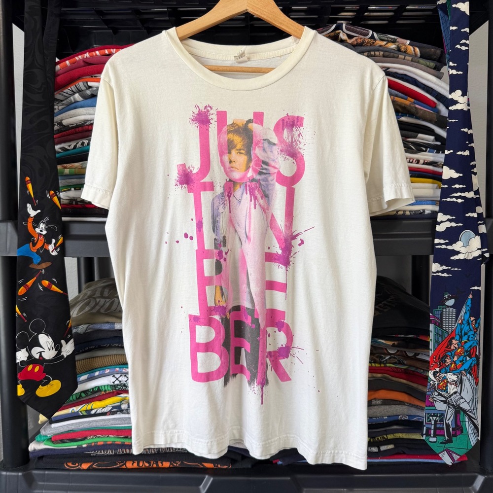 Y2K White Justin Bieber Graphic T-Shirt Medium Light Marks